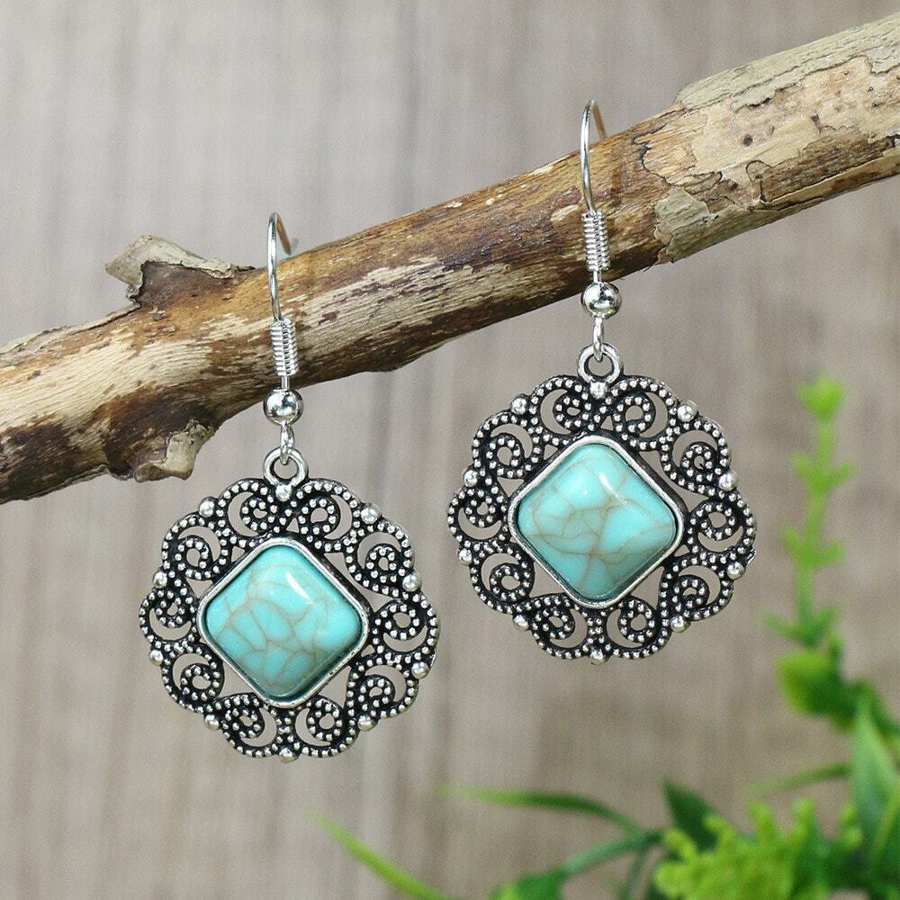 NEW Silver Plated Turquoise Earrings Diamond Shaped Ethnic Western Boho